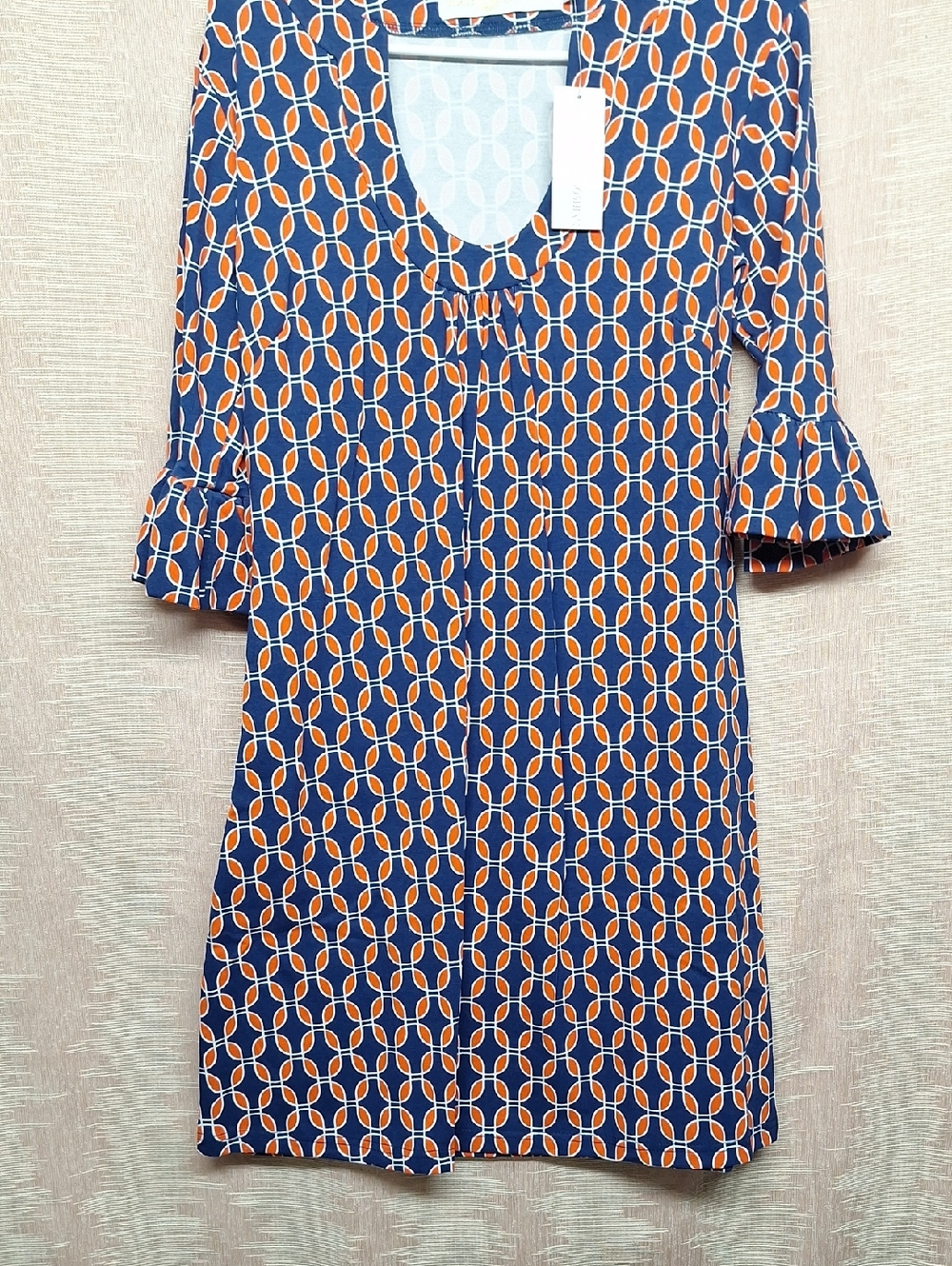Tracy Negoshian Navy and Orange Retro Circle Print Dress